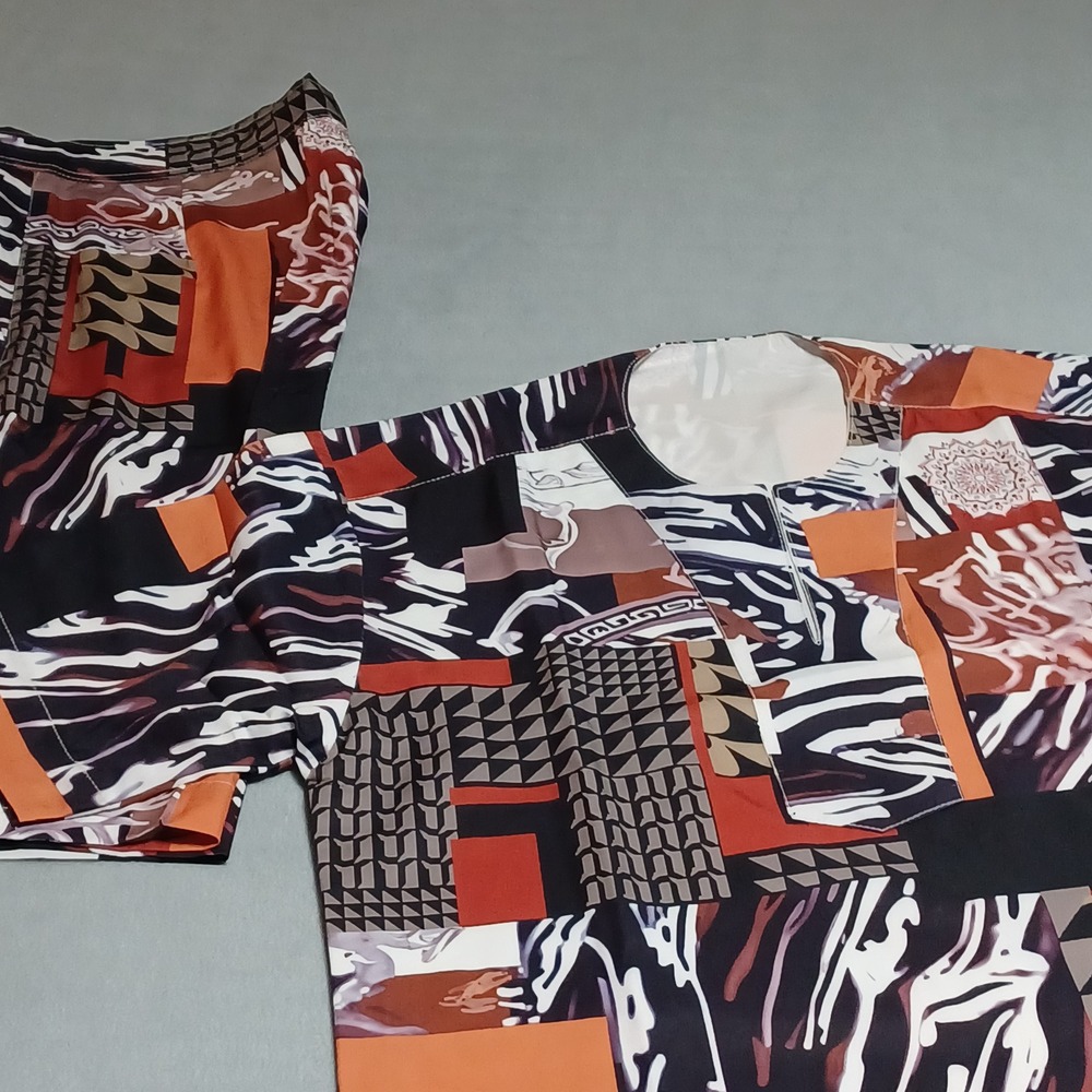 Mens Geometric Abstract Print 2 Piece Set Orange Black White Tunic and Shorts